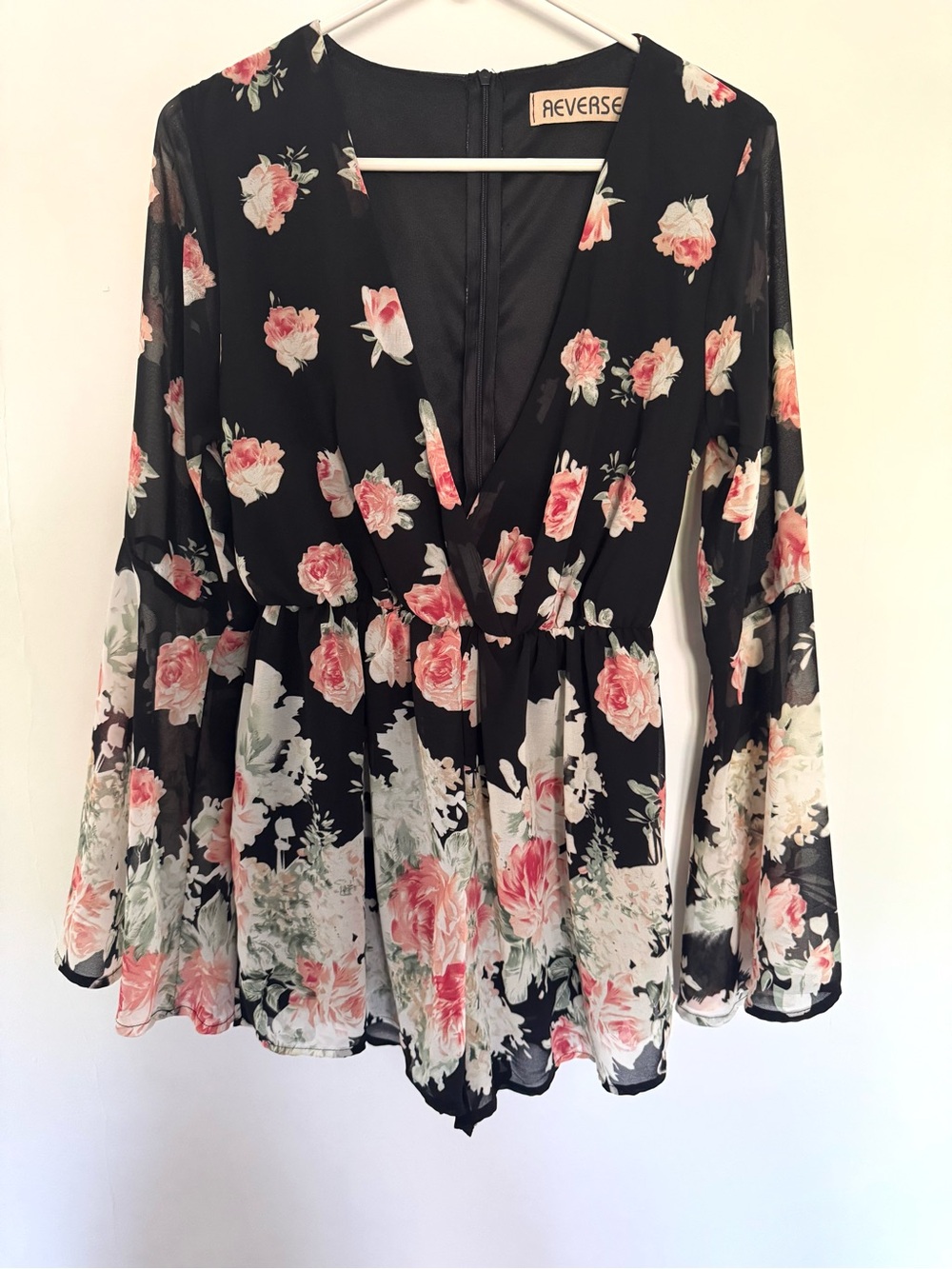 Reverse Black Floral Wrap-Style Women's  - Romper Pink Rose Print